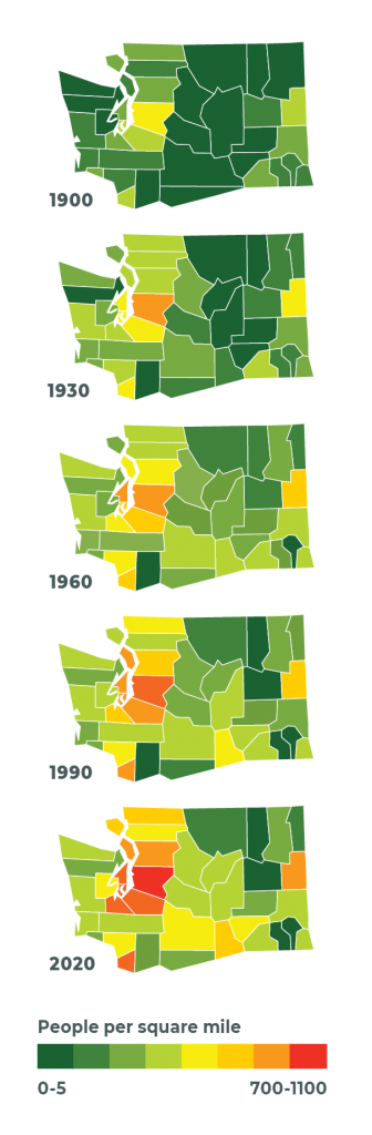 Graphic containing 5 maps of Washington with shaded areas showing population growth