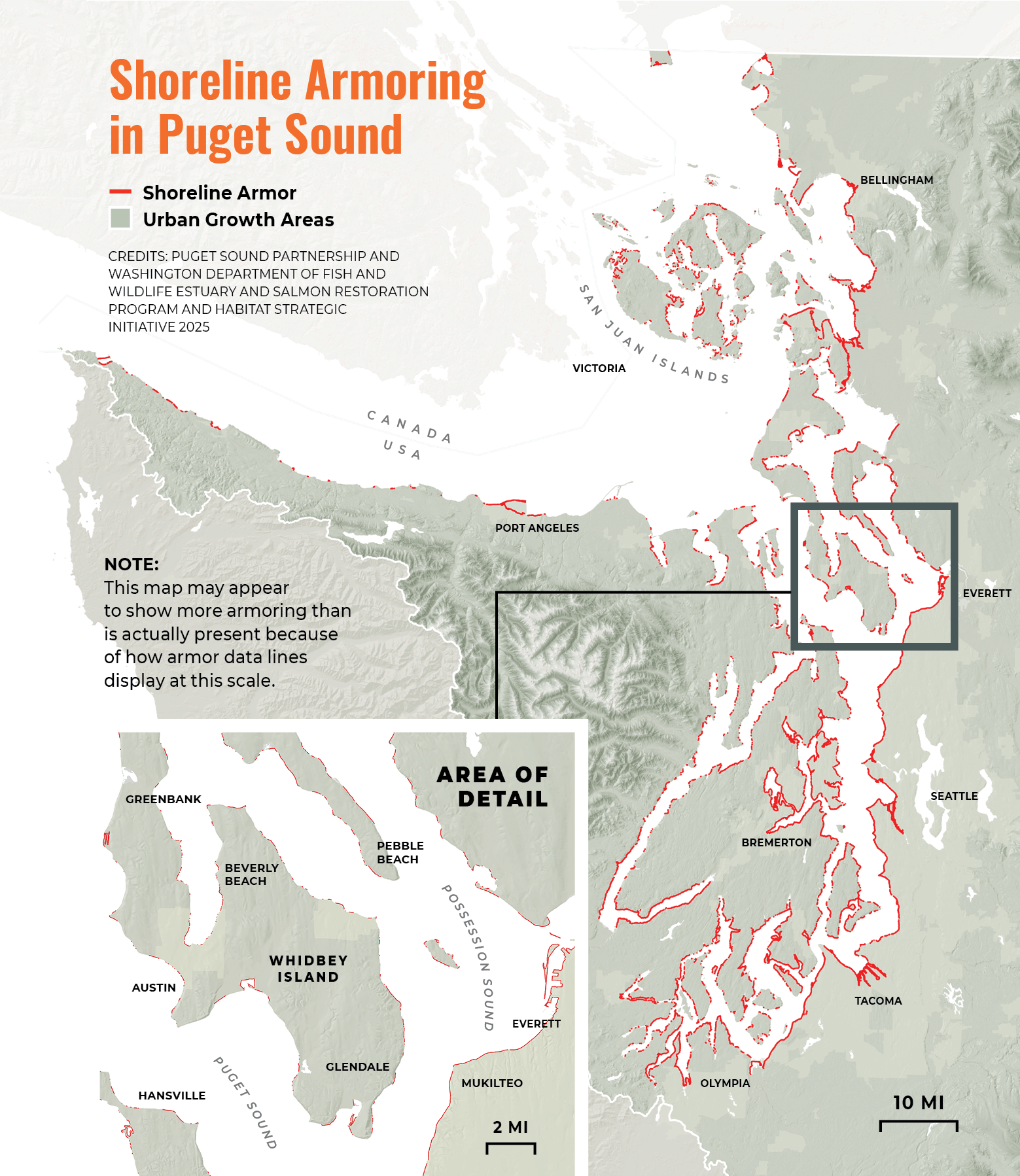 Map of Puget Sound with red lines representing armoring all along the waterfront. Inset shows closeup view of an island with red lines around it.