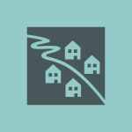 Icon of 4 houses with a river straightening as it passes between them